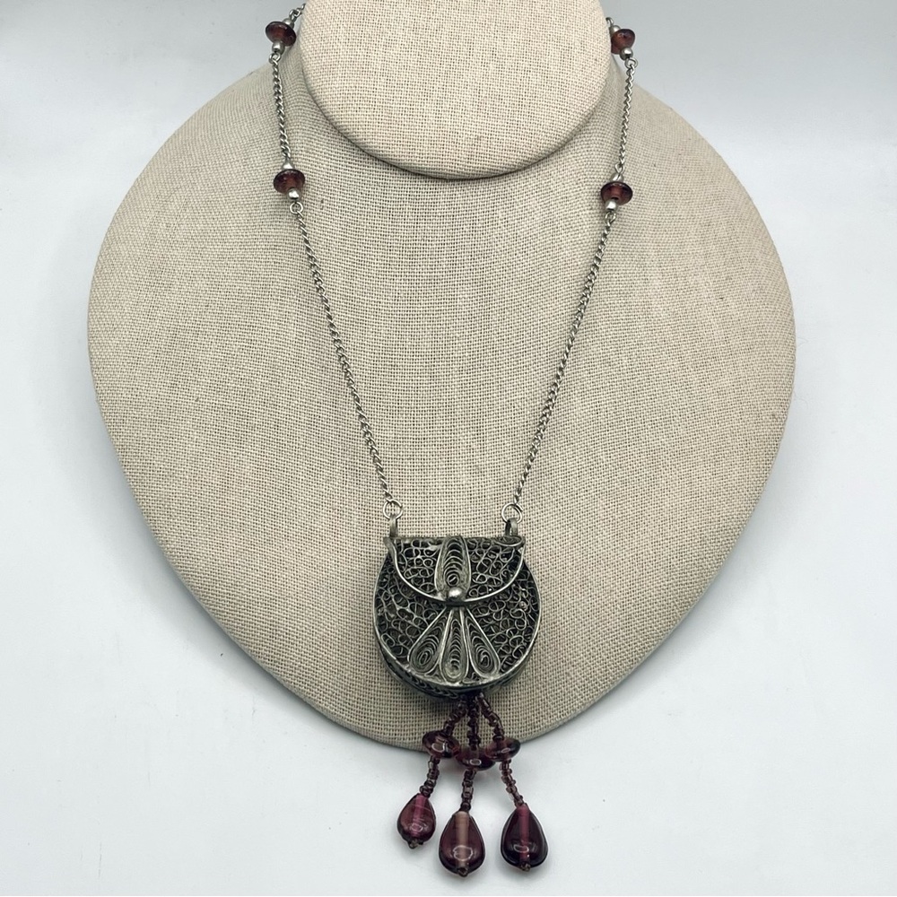 Antique Silver Filigree Purse Pendant Necklace With Amethyst Accents - Picture 3 of 15
